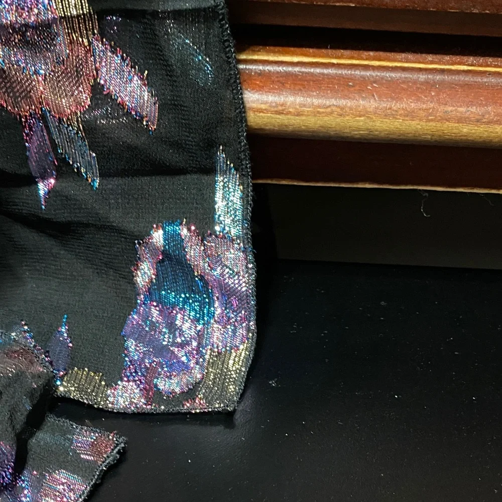 Vintage Amanda Smith 58” x 9” Multi color metallic black Floral Patterned Scarf
